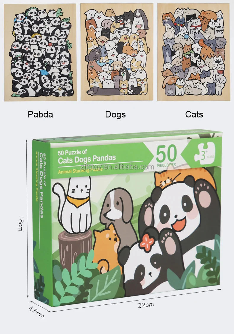 Kustom 3 In 1 Hewan Puzzle Kayu Mainan Jigsaw Panda Kucing Anjing Puzzle Pendidikan untuk Anak Laki-laki Perempuan Hadiah Dekorasi Natal Detail