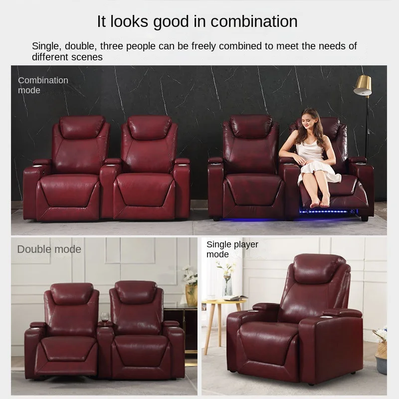 High-End Electric Multifunctional Home Theater Leather Sofa Set Top-Layer Cowhide Iron Frame Double Sofas Villa Living Room AV