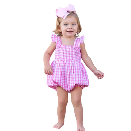 Factory professional customized kids clothing causal fashion pink gingham shirred bubble clothes family matching outfits