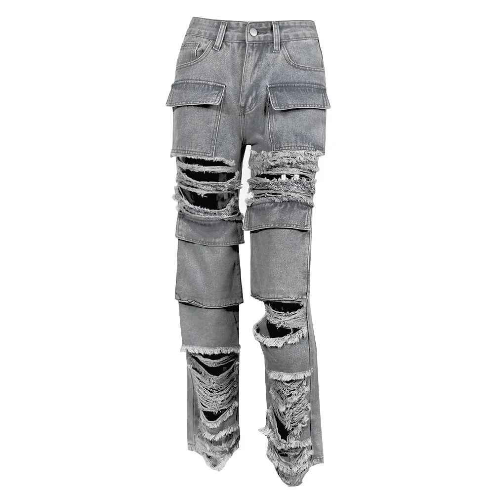 Fashion Pocket Stitching Hollowed-Out Hole Beggar Style Street Casual Straight High Waist Jeans factory