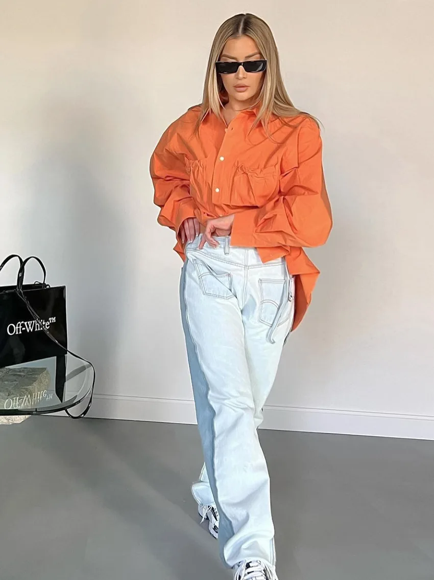 Button Down V Neck Summer Orange Shirts for Women Long Sleeve Side Slit Shirt Oversized Blouses Tops
