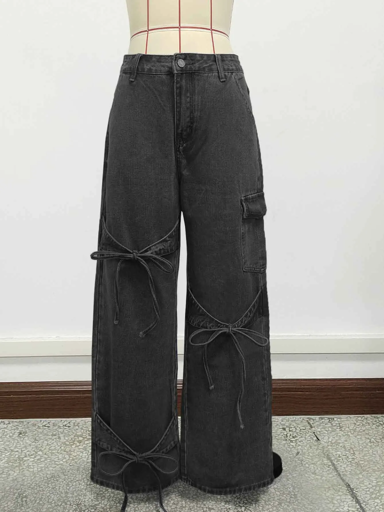 American Style Bow Tie Overalls Denim Jeans Women's Casual Summer Straight-leg Plus-size Women's Trousers factory