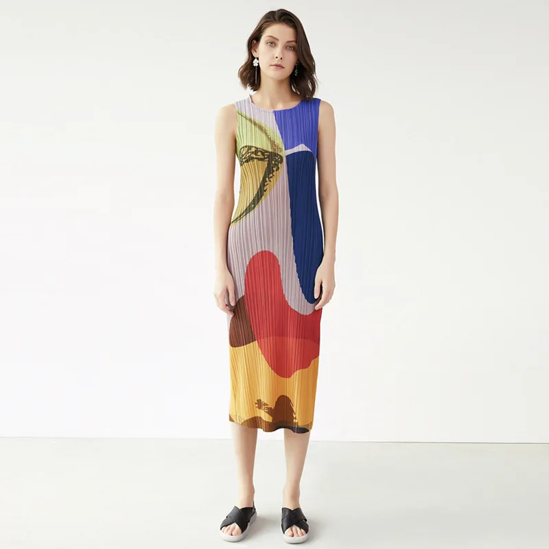 Slimming Printed Hit Color Dress Miyake 