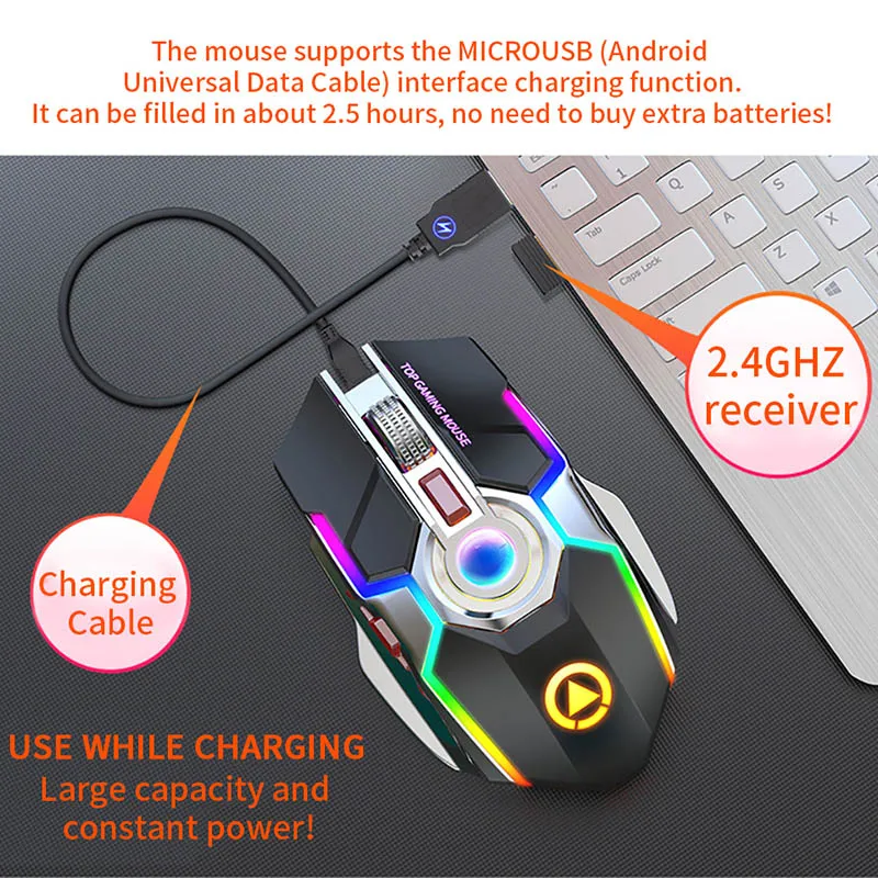 7 Buttons LED Backlight Silent Wireless Mouse Rechargeable 2.4G Gaming Mouse 1600 DPI USB Optical Mouse For PC Laptop