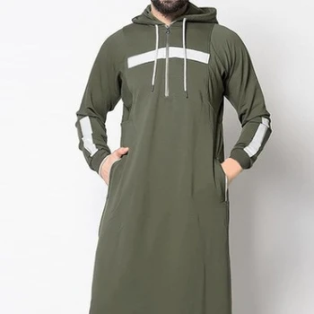 Wholesale Patchwork Color Men's Arab Muslim jubba Islamic Clothing 1/4 ZIP side pocket 70% cotton black saudi thobe with hood