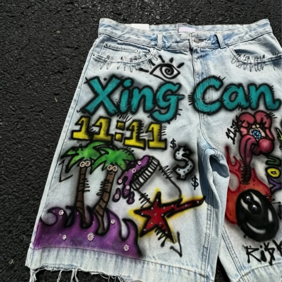 product summer custom cotton vintage acid wash denim shorts dtg digital print rhinestones hand frayed raw hem customizable-5