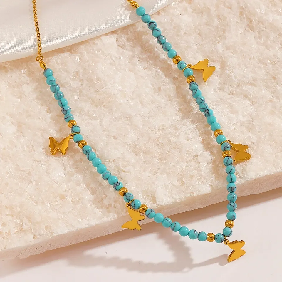 Hot sale gold plated stainless steel turquoise beads chain butterfly charm necklace non tarnish waterproof necklace