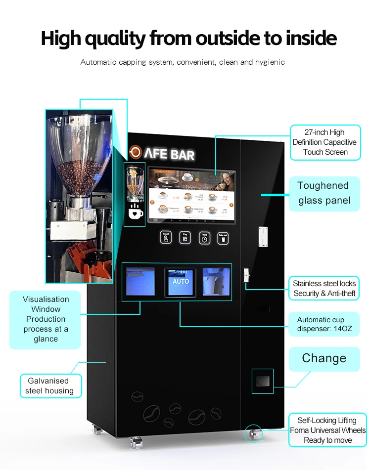 New Upgraded Tempered Glass Panel Fully Automatic Multifunction Coffee Vending Machine with Ice Cubes factory