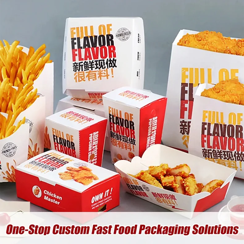 Custom printed fast food packaging boxes set series disposable takeaway french fries fried chicken burger box