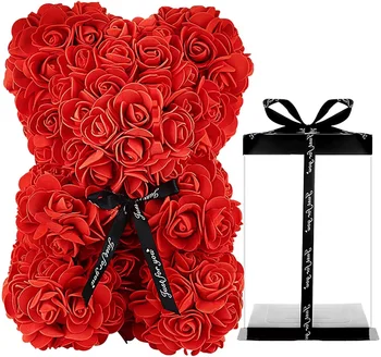China best Valentine Gift Artificial rose bear Christmas Gift Plastic Flower 25cm gift box flower teddy rose