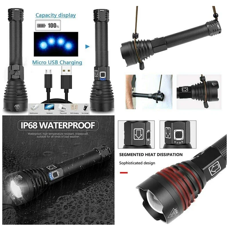 XHP90 Flashlight 6000 Lumens Zoomable Power Display USB Rechargeable Powerful Flashlight Super Bright LED Torch for Hiking