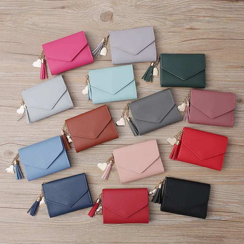 KISSFRIDAY PU Polyester Women Purse Card Holder Cash Coins Purse Short Tassel Zipper Vertical-Scetion Square Small Fresh Style Wallet with Lotus Color