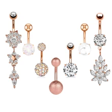 Large Zircon Belly Ring Set with Colored Diamond Inlaid Natural Stones Stainless Steel Bar for Wedding or Gift