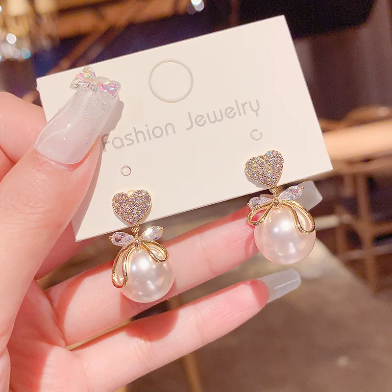 Fashion Jewelry Korean 925 Silver Stud Earrings Vintage Pearl Earring Imitation Pearl Crystal Love Heart Stud Earrings