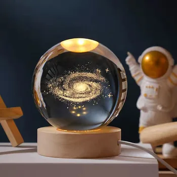 3D Galaxy Engraved Laser Crystal Ball with LED Lighting wood Base