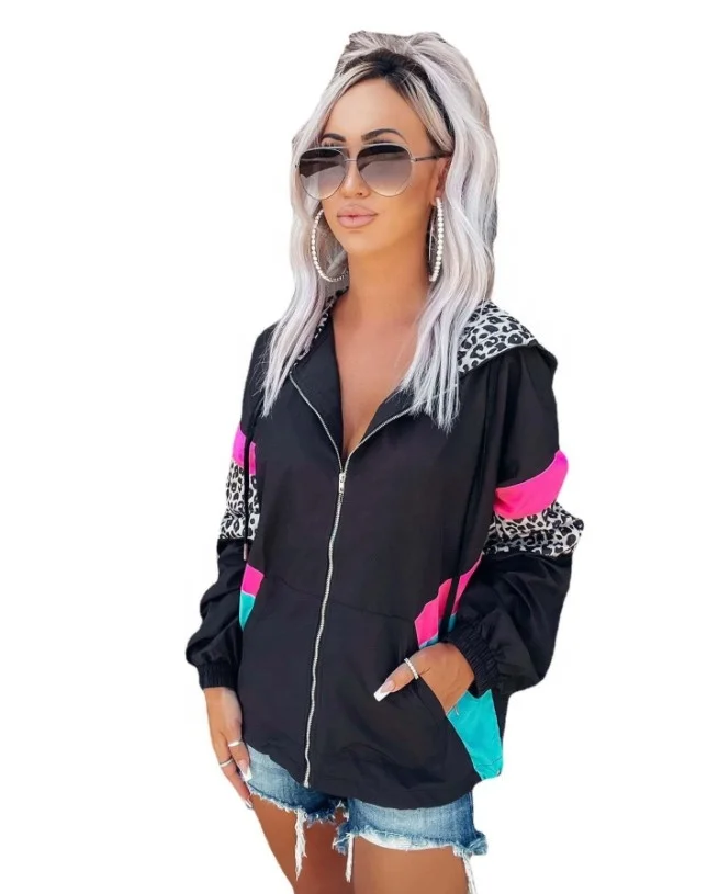 Outdoor Sports College Vintage Black Leopard Color Block Pockets Zip-Up Hooded Women's Long Sleeve Shacket Jacket Coat