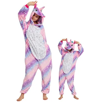 flannel cartoon animal one-piece matching christmas print kids pajamas warm unicornio onesie Pijama Kigurumi for family