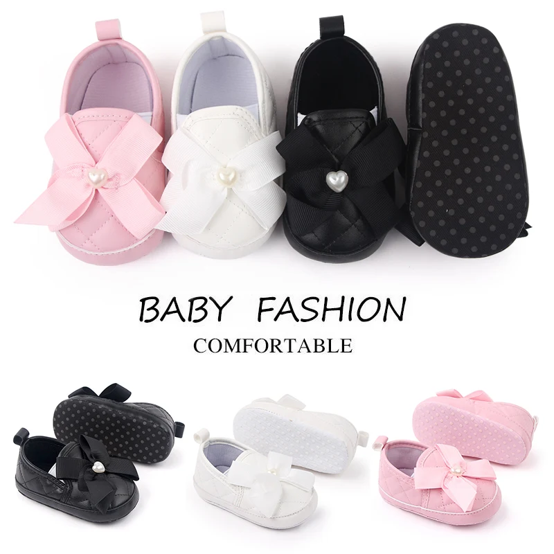 Soft Soled Big Bow Infant Shoes Diamond Check PU Leather Shoes 0-1 Year Old Baby Girls Walking Shoes supplier