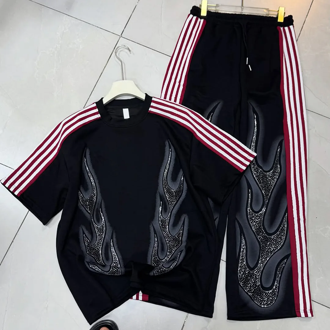 product 100 cotton custom streetwear tracksuit men oversized silhouette screen print t shirt casual sweatpants two piece set614-1