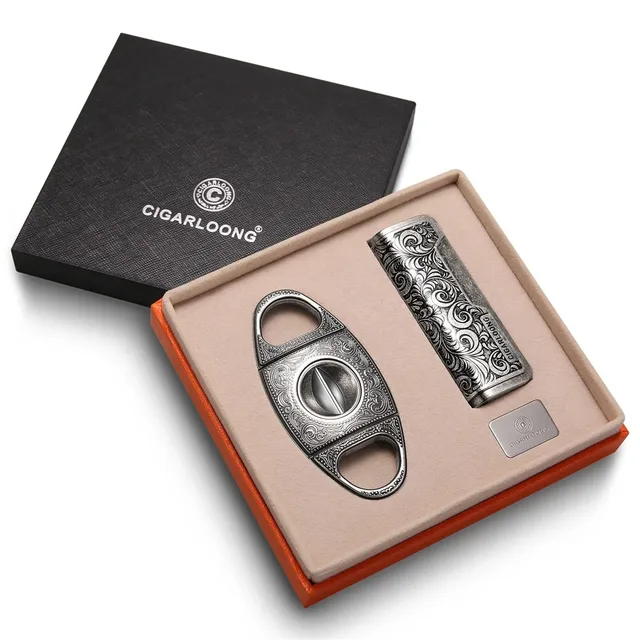 Metal Lighter Cigar Cutter V Cut Set Sharp Guillotine Windproof Lighter Luxury Carved With Gift Box Smoking Accessories