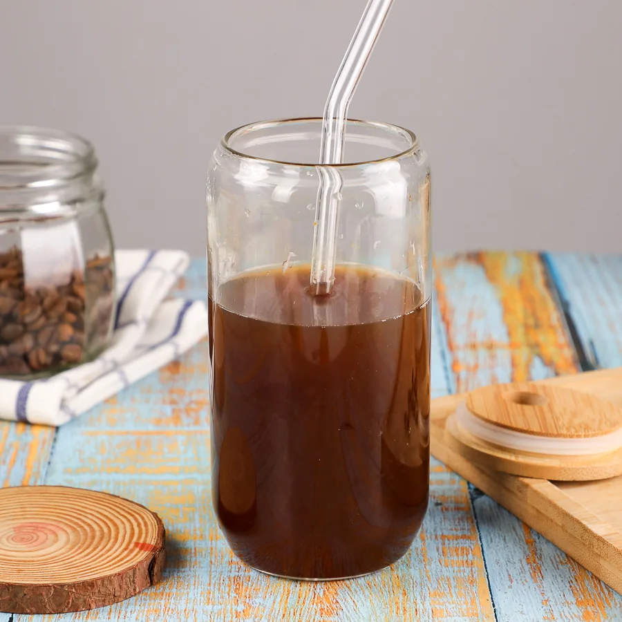 New Arrival 480ml 16oz High Borosilicate Round Cup for Fruit & Vegetable Juice Cold Brew Coffee Bottle with Straw Bamboo Lid