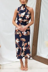 Women Summer Oem Custom Tea Gardens Navy Blue Floral Print Satin Maxi Dress Elegant And Gorgeous Dresses