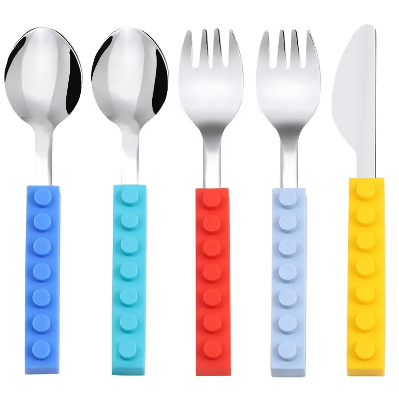 Student food glade silicone block DIY handle with 430# stainless steel baby utensils spoon knife and fork
