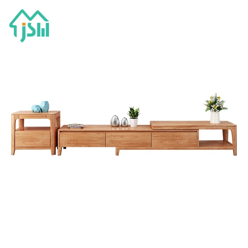 Simple design retractable long rectangular storage wood tv table living room furniture
