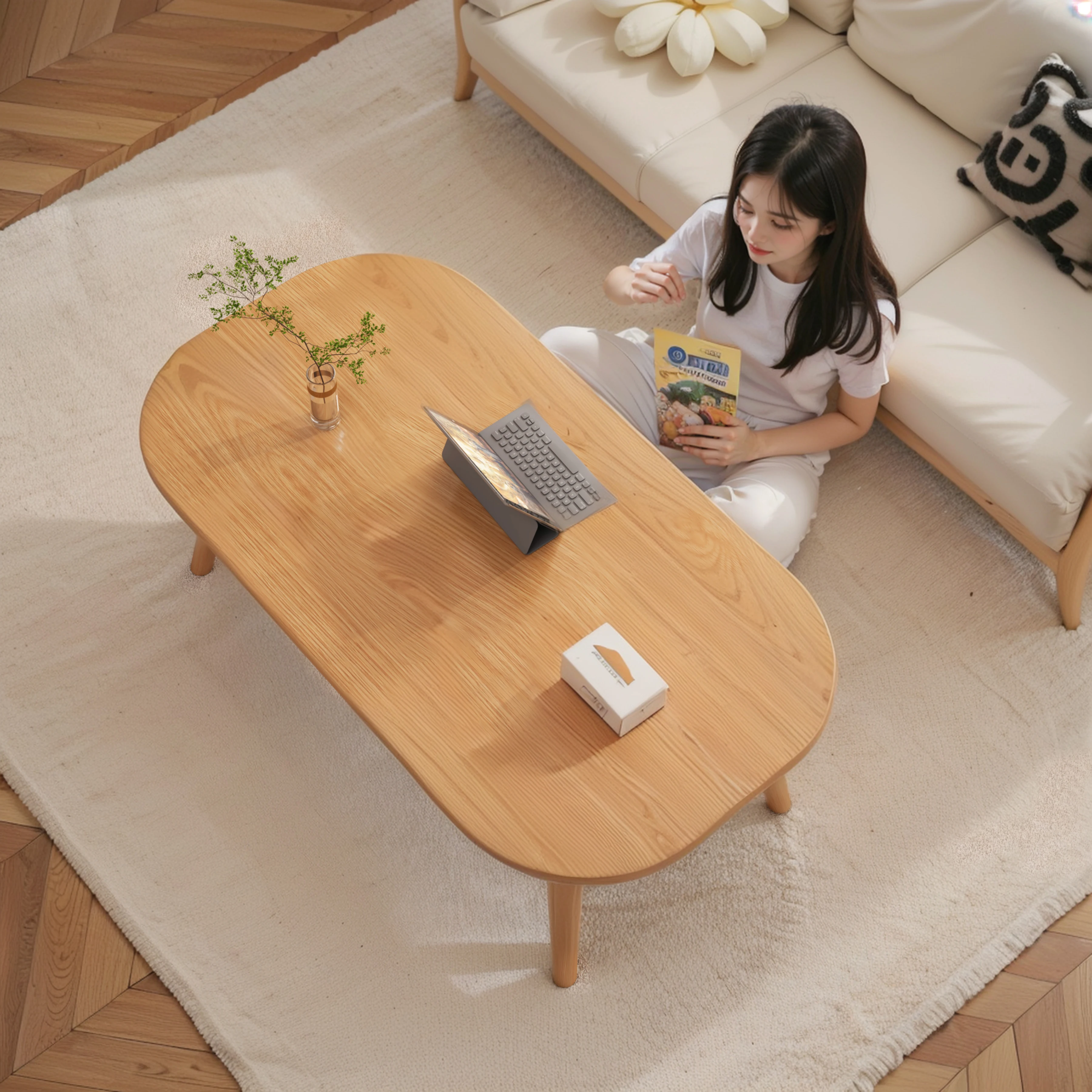 Rustic Accent Small Solid Wood Coffee Table Oval Center Table with Drawer for Home Office