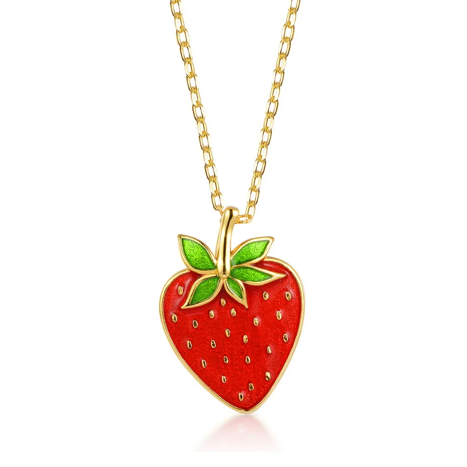 AFFY Jewelry Red Enamel Strawberry Charm Pendant Necklace 925 Sterling Silver 