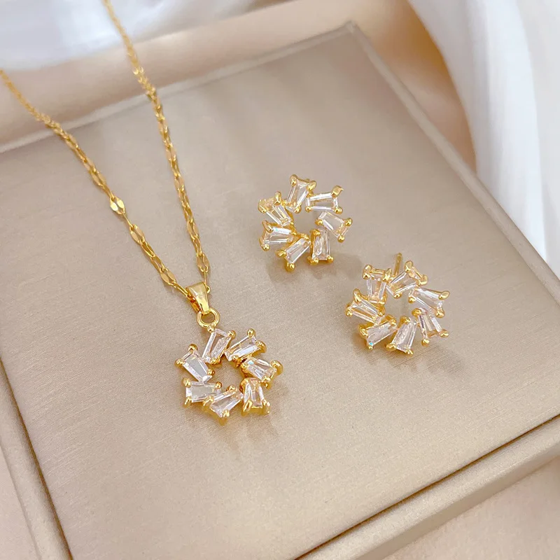 Fashion Jewelry Set Women Stainless Steel Real Gold Plated Zircon Heart Butterfly Pendant Necklace And Earrings Set For Gift