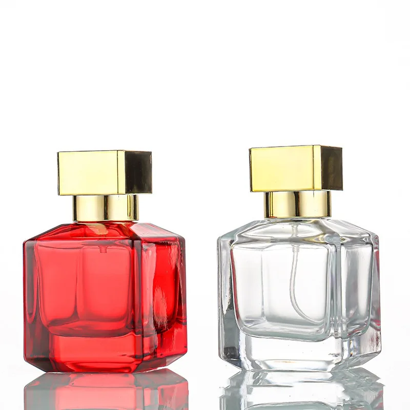 Luxury 75ml Custom Glass Perfume Bottle Square Clear Refillable Perfume Bottle With Box Perfume Oil Bottle With Gold Lid