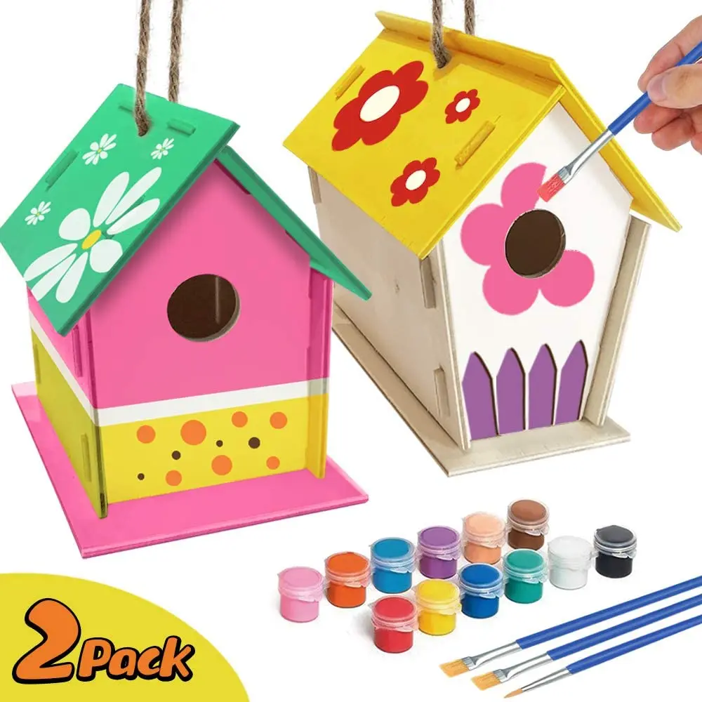 Kids House Supplies Party Favors for Age 3-5 6-8 8-12 Years Old Boys Girls Wooden Birdhouse Arts Build and Paint Kids Arts and Crafts Bukm Crafts for Kids Ages 4-8 2 Pack DIY Bird Houses Craft Kit 