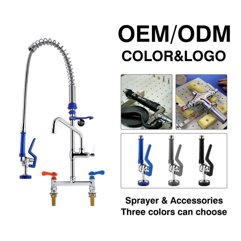 Factory Custom Commercial Kitchen Faucet 32/38-Inch Deck Mount Brass Spray Dual Handle Pre-Rinse Mixer Sink Taps Hot Cold Water details