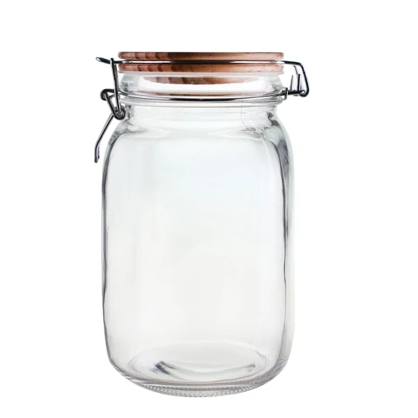 Square Glass Storage Jar Containers 1500ml Airtight Wide filling opening  with Wooden cover with silicon rubber ring