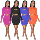 Wear 2 Pieces Set Club Wear Long Sleeve Sexy Solid Color Knitted Mini Cut Out Bodycon Dresses