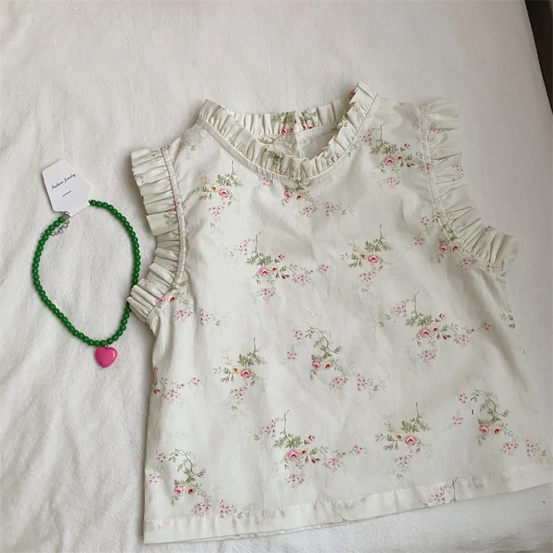 2023 Summer New Girls Sleeveless Shirt Children's Baby Cotton Floral Top