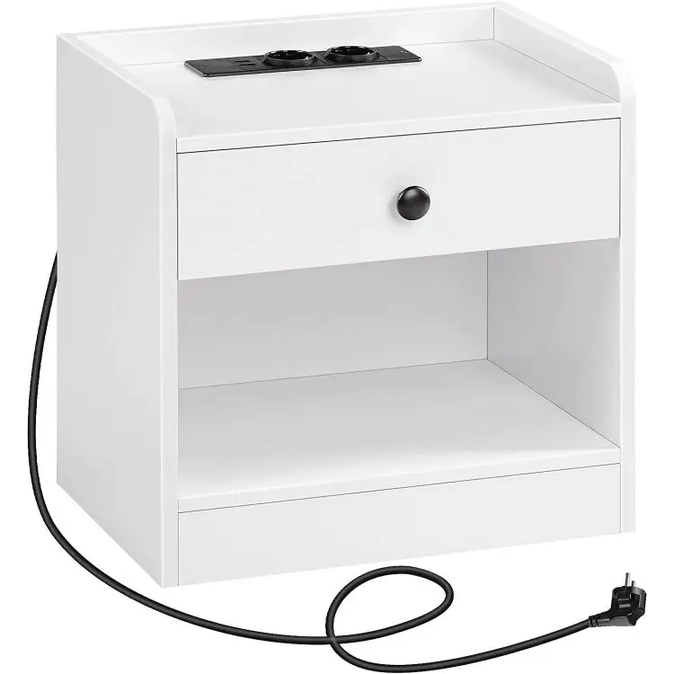 HOOBRO White Nightstand with Drawer Bedside Table with Charging Station USB Ports and Socket Side Table for Bedroom Living Room