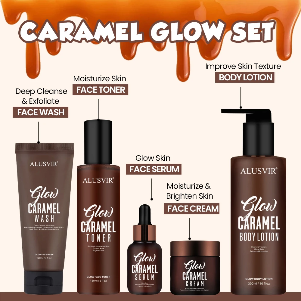 Private Label Caramel Skincare Products Black Skin Brightening Acne Treatment Face Serum Body Lotion Skin Care Set Manufacturers