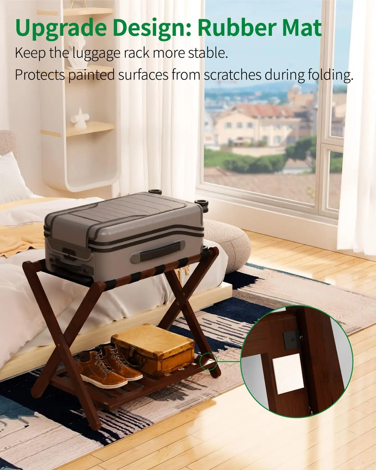 Fully Assembled Bamboo Luggage Rack 5 Strip Suitcase Stand with Shoe Rack Folding Luggage Holders