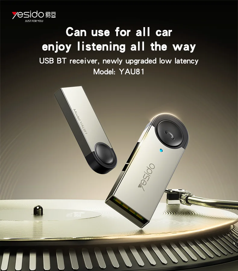 YAU81 Yesido Zinc Alloy Low Latency 8-meter Stable Transmission Built-in Microphone Car USB BT Receiver