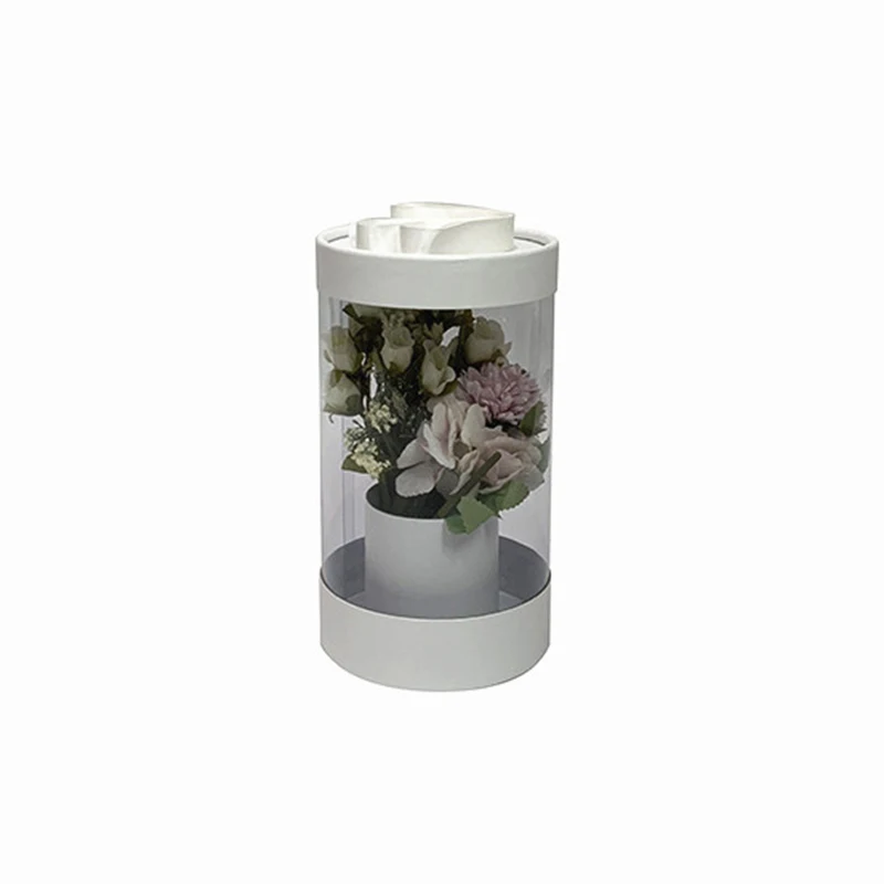 Transparent Plastic Preserved Bouquet Packaging Round Gift Clear PVC Cylindrical Flower Box For Flowers with Ribbon Handle