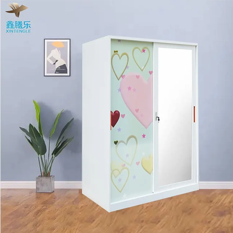 Stainless Steel 2-Door Wardrobe with Sliding Metal Doors Home Furniture Flower Print Storage Cabinet or Lemari Besi