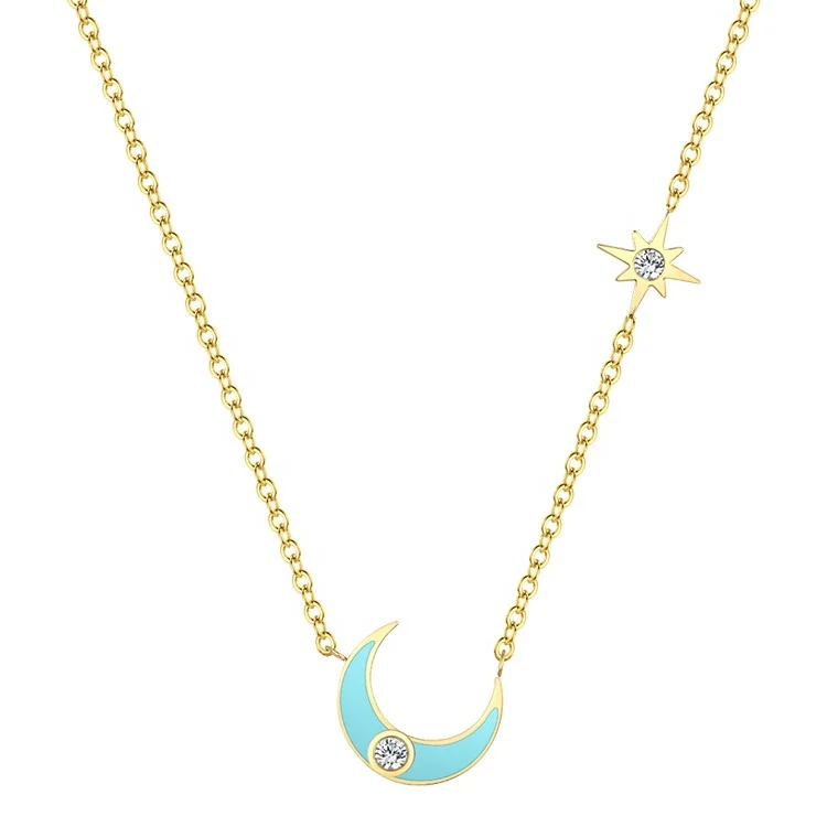 18K Gold Plated Stainless Steel Jewelry Chain Blue Epoxy Mini Moon Pendent Accessories Necklace P213207