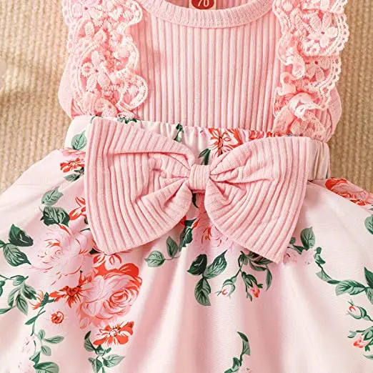 Cute  Baby Girls Dress Set Floral Print Lace Ruffle Bowknot Jumpsuits