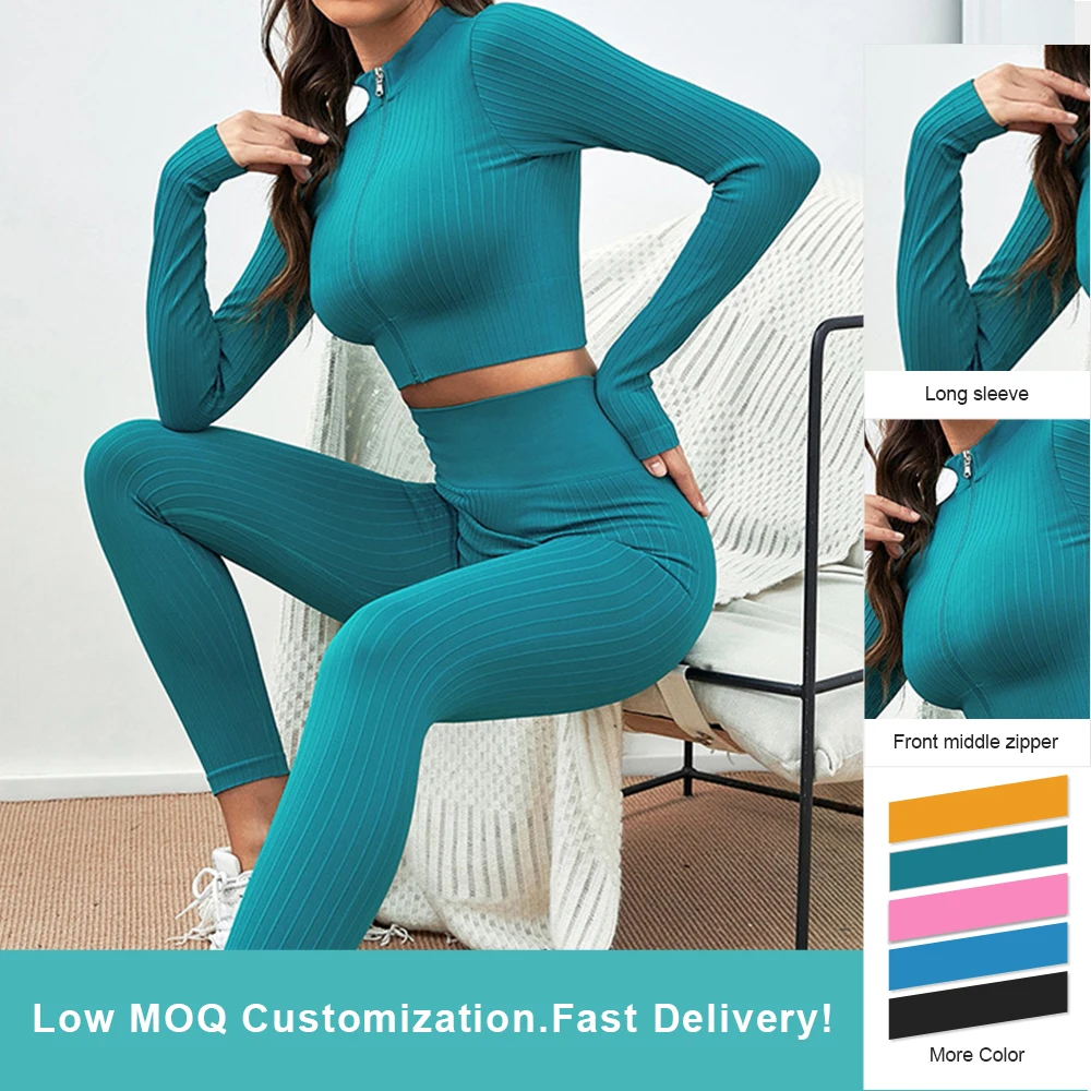 2022 New Design Hot Pink Long Sleeve Zipper Yoga Two Piece Sets High Waist Leggings Pant Set Hot Workout Yoga Set