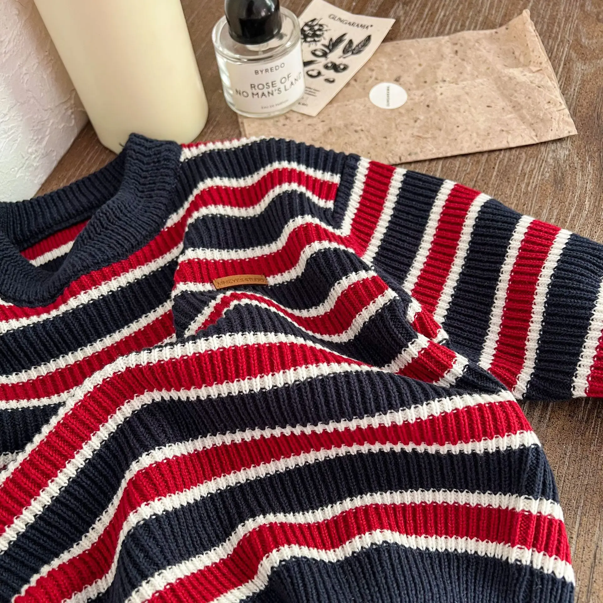2023 children's fall new red navy cotton sweater boys and girls baby Contrasting colors top