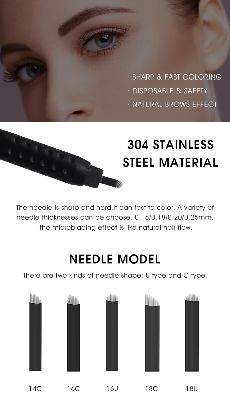 Disposable Manual Microblading Tattoo Pen with 0.16/0.18/0.20/0.25mm Needle Sizes and 14F,16F,16U,18F,18U Models
