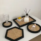 Wooden Tray Japanese Style Custom Logo Handmade Natural Vintage Rattan Desktop Wooden Round Tray