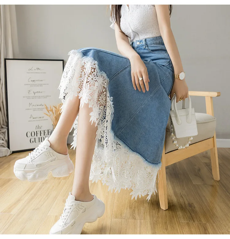 Real Shot A-line High-waisted Spring/autumn New Style Lace Chic Mid-length Umbrella Skirt Denim Washed Skirt Women Quick factory